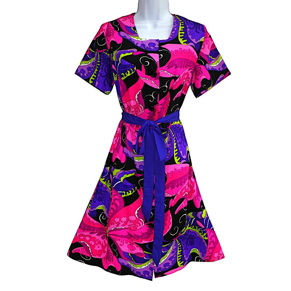 Vintage Barkcloth Moon Glow Dress Full Button Front Square or V Neck Butterflies